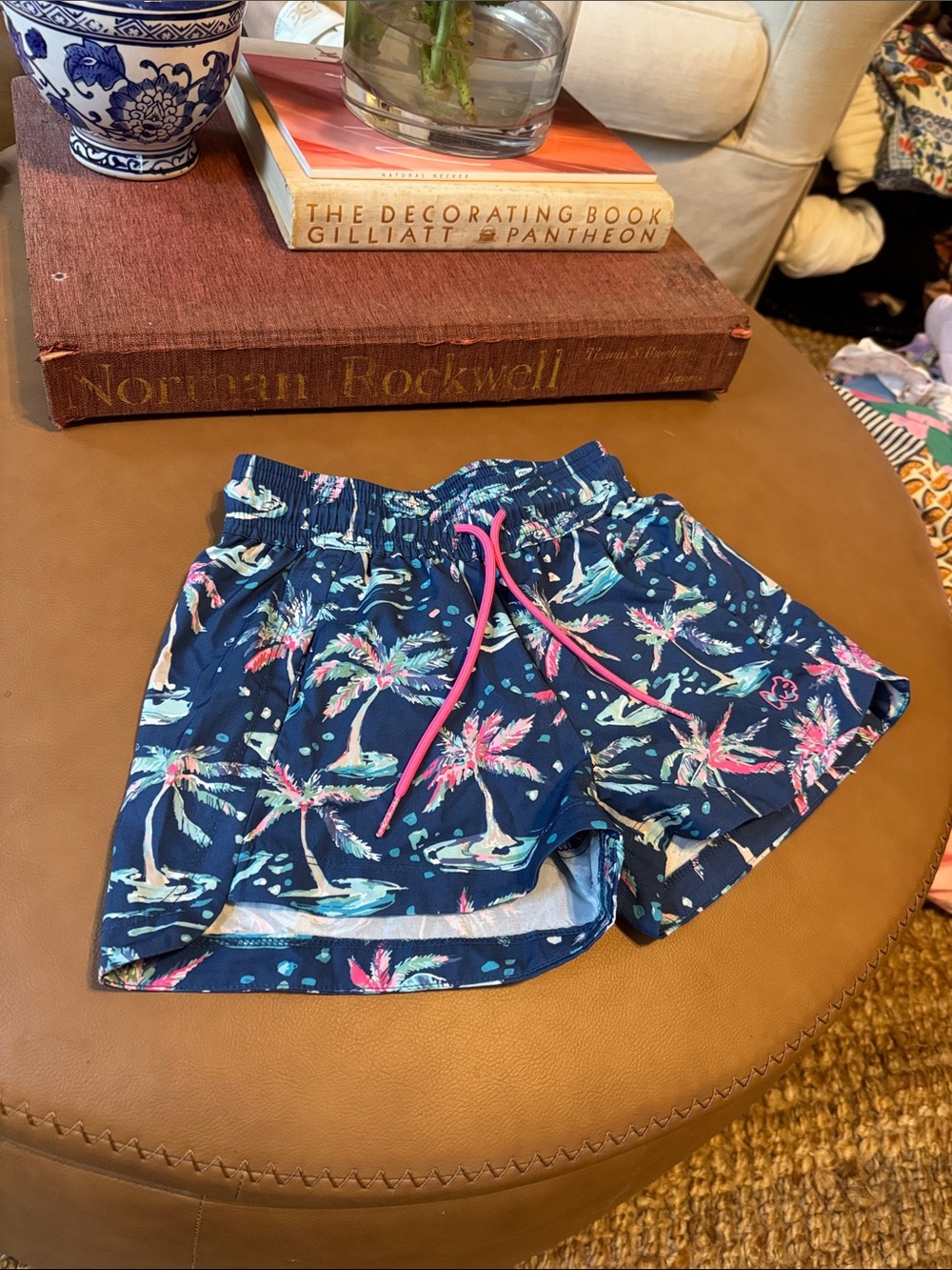 Navy Palm-Print Kids Swim Trunks with Pink Drawstring